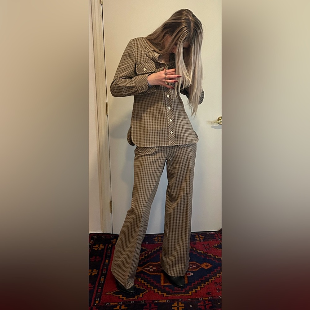 Vintage Polyester Brown and White Checkered Flare Pants and Shirt Suit Act III